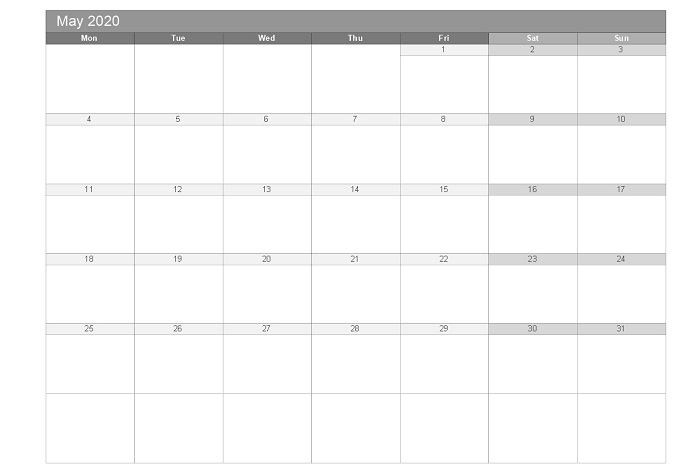 May 2020 printable free monthly templates